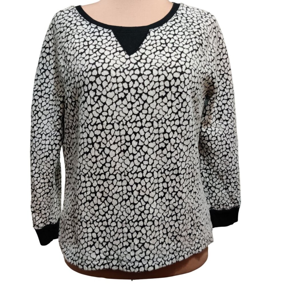 APT 9 Petite L Black White Textured Animal Print Long Sleeve Crewneck Top Cute
